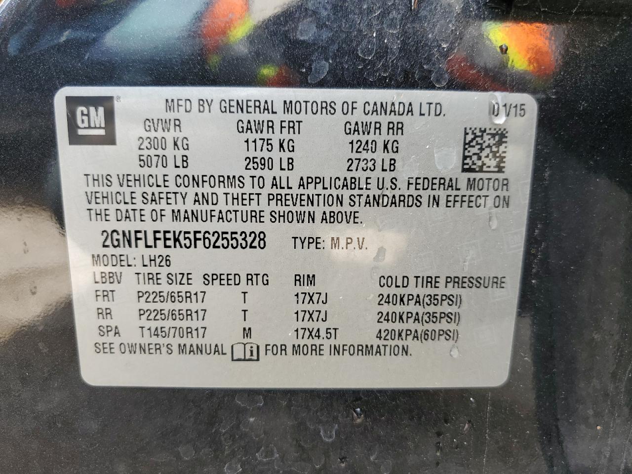 2GNFLFEK5F6255328 2015 Chevrolet Equinox Lt