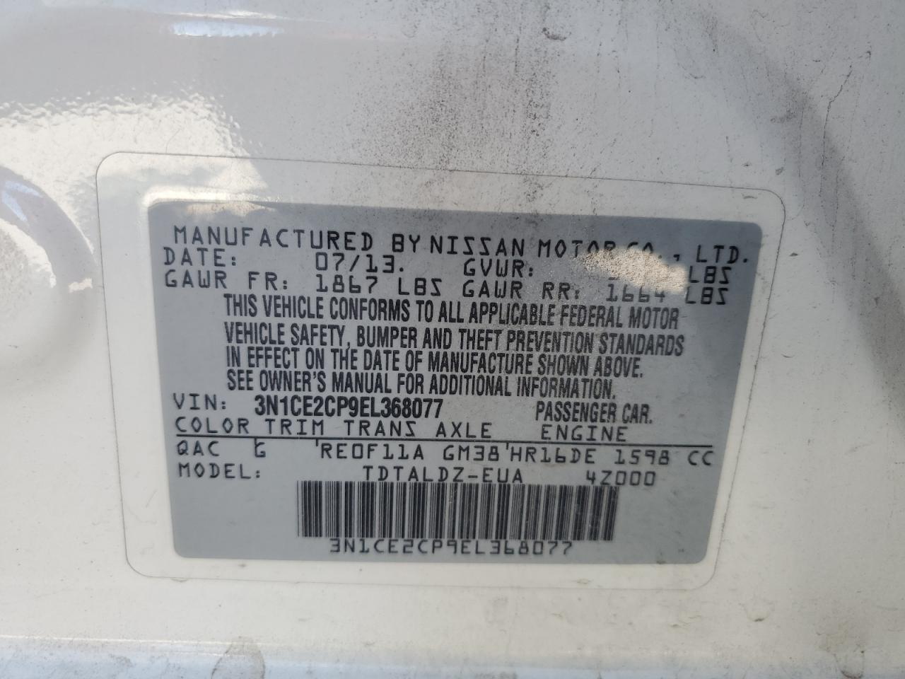 3N1CE2CP9EL368077 2014 Nissan Versa Note S