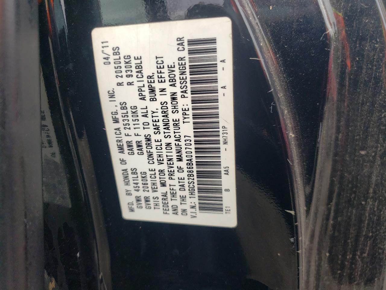 1HGCS2B86BA007037 2011 Honda Accord Exl