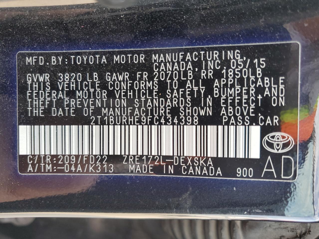 2T1BURHE9FC434398 2015 Toyota Corolla L