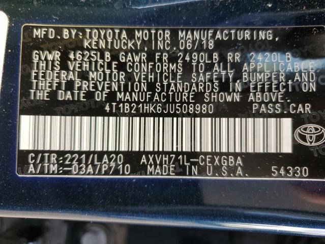 VIN 4T1B21HK6JU508980 2018 Toyota Camry, Hybrid no.12