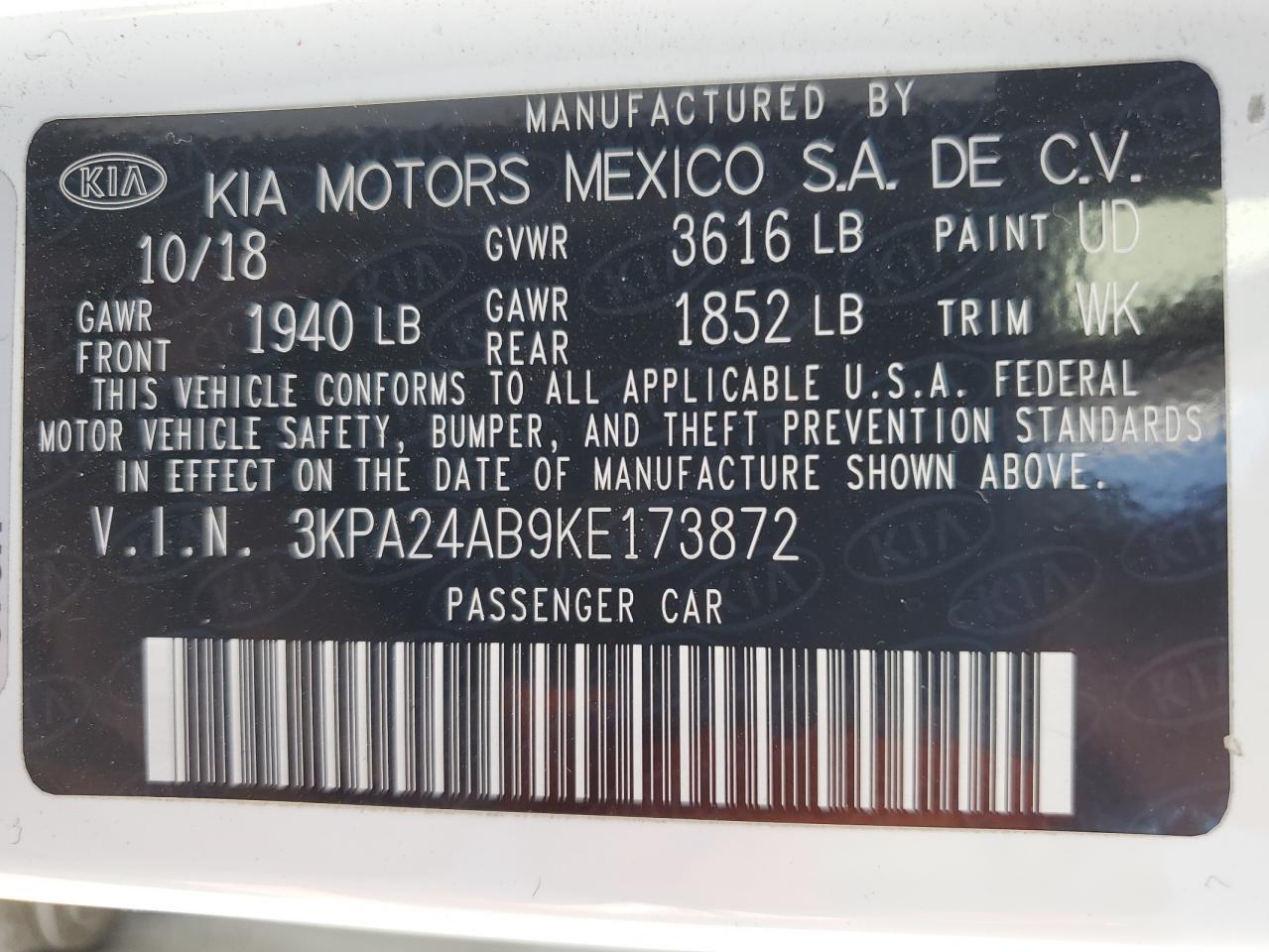 3KPA24AB9KE173872 2019 Kia Rio S