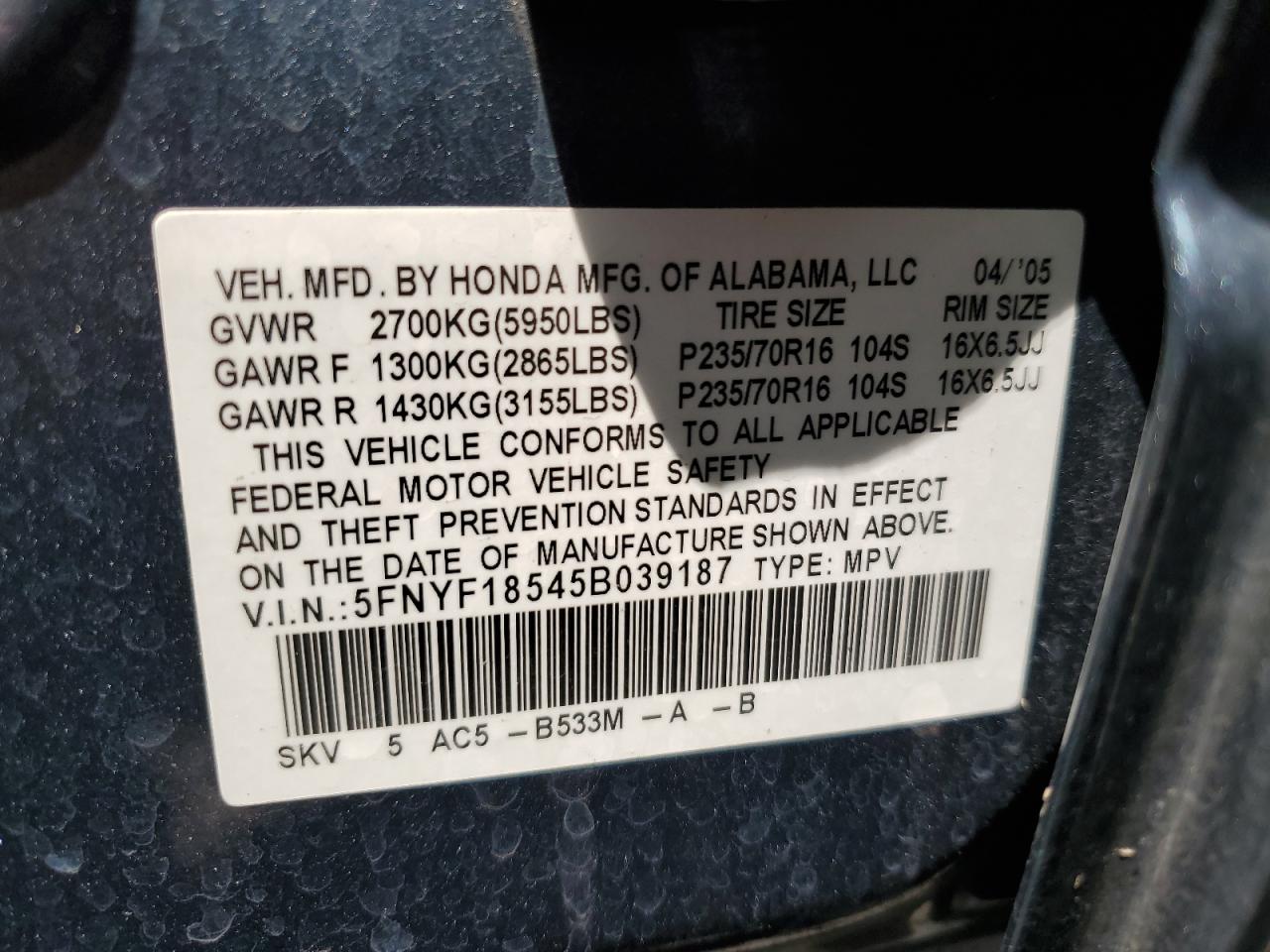 5FNYF18545B039187 2005 Honda Pilot Exl