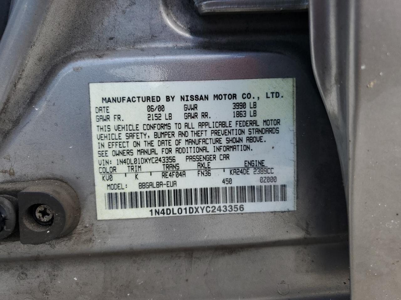 1N4DL01DXYC243356 2000 Nissan Altima Xe