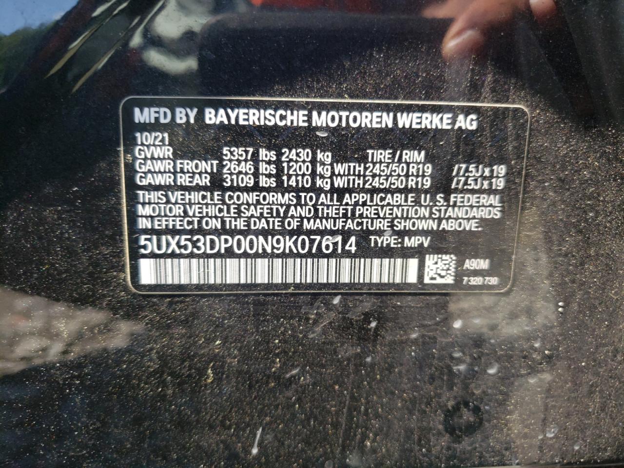 5UX53DP00N9K07614 2022 BMW X3 xDrive30I