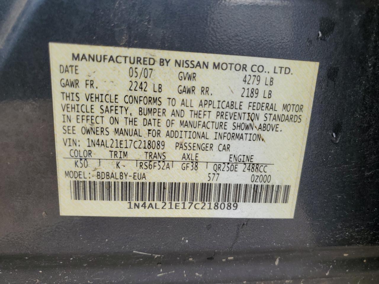 1N4AL21E17C218089 2007 Nissan Altima 2.5