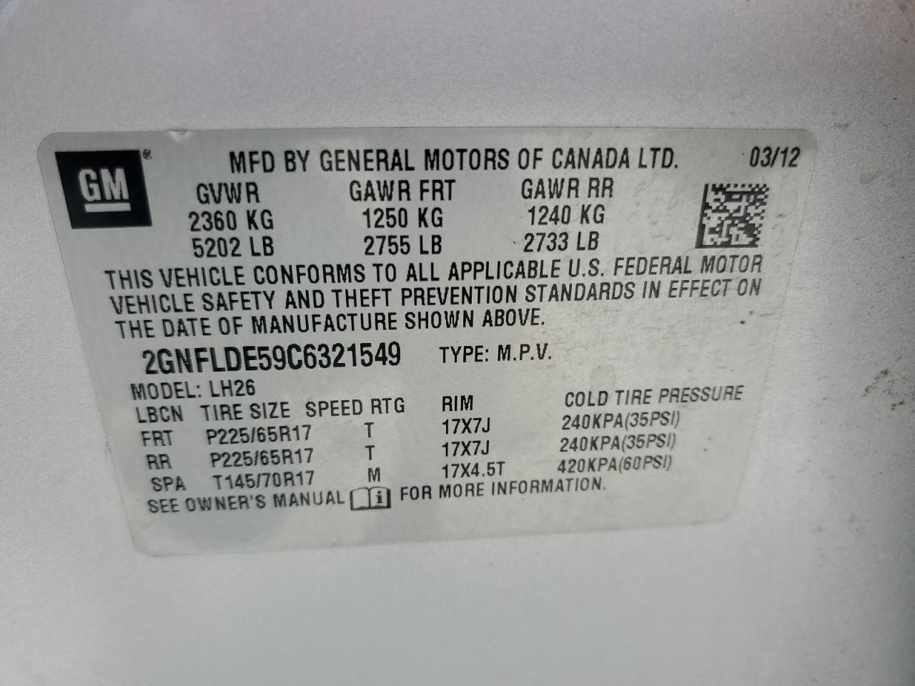 2GNFLDE59C6321549 2012 Chevrolet Equinox Lt