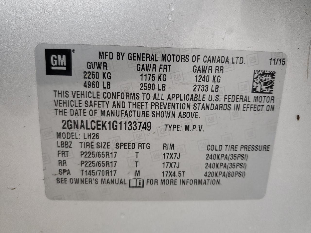 2GNALCEK1G1133749 2016 Chevrolet Equinox Lt