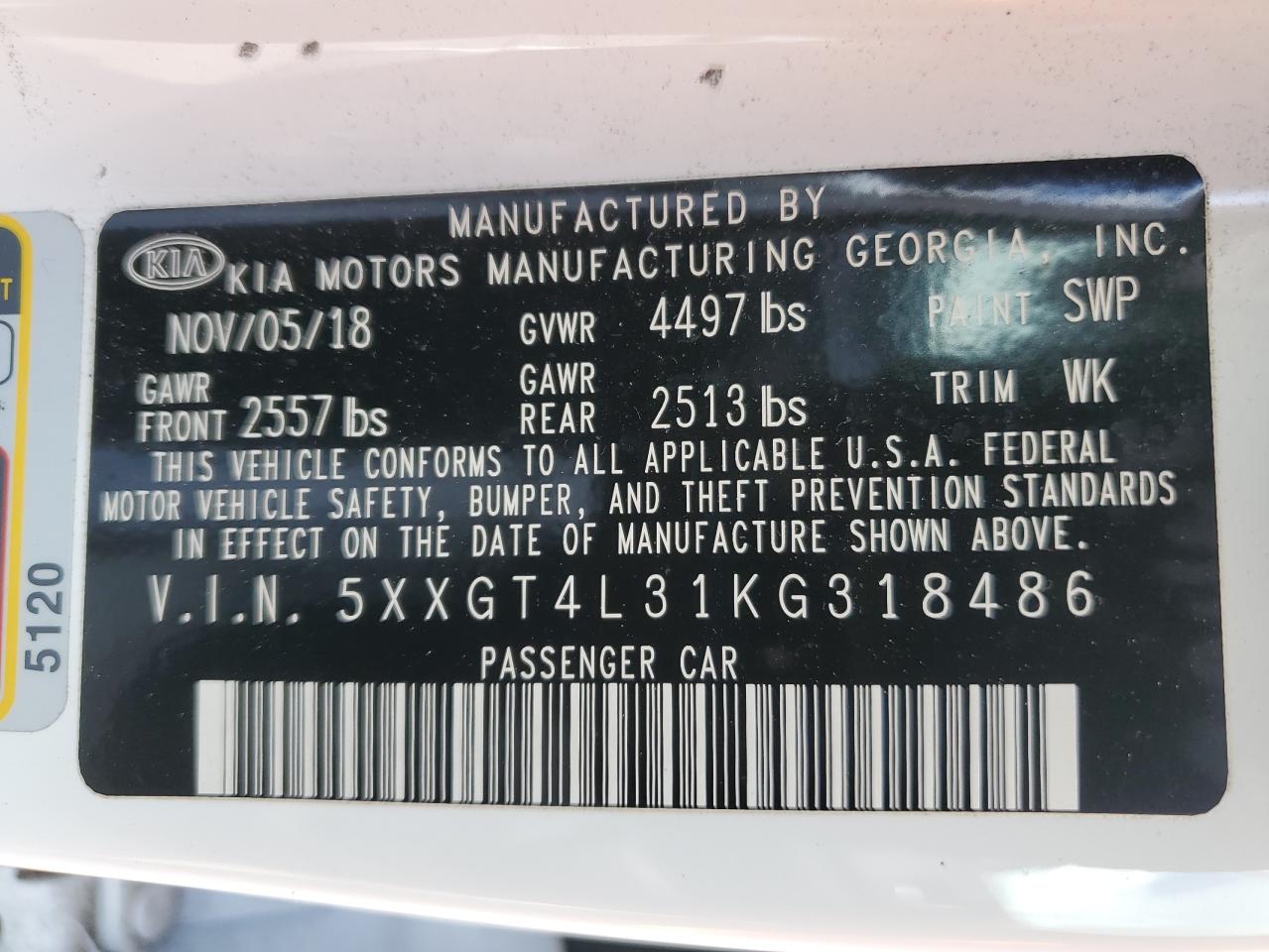 5XXGT4L31KG318486 2019 Kia Optima Lx