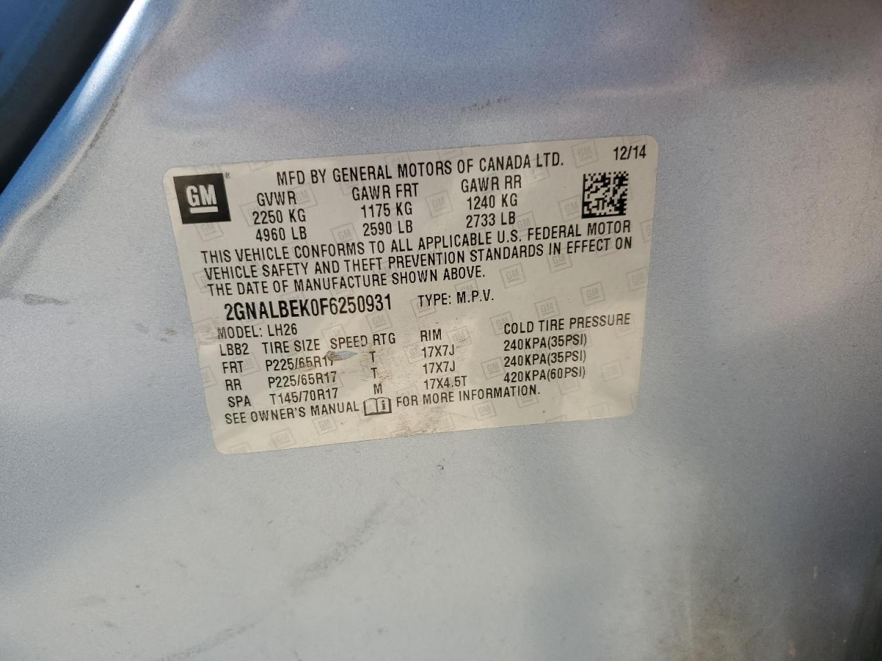 2GNALBEK0F6250931 2015 Chevrolet Equinox Lt