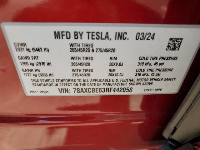 2024 Tesla Model X VIN: 7SAXCBE63RF442058 Lot: 57294374