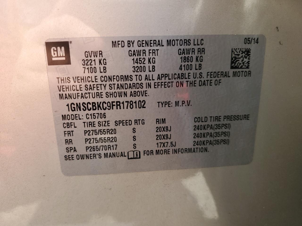 1GNSCBKC9FR178102 2015 Chevrolet Tahoe C1500 Lt