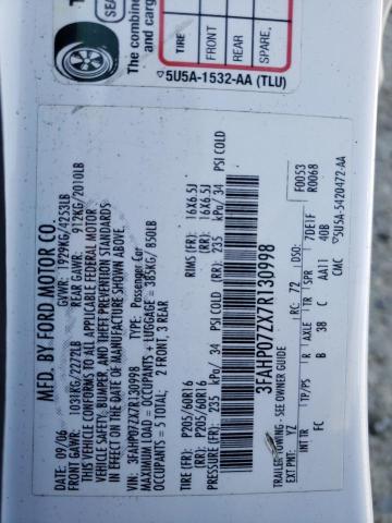 2007 Ford Fusion Se VIN: 3FAHP07ZX7R130998 Lot: 55729774