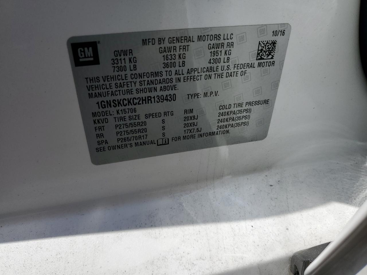 1GNSKCKC2HR139430 CHEVROLET TAHOE 2017
