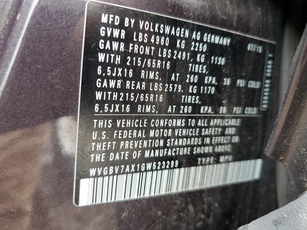 WVGBV7AX1GW523299 2016 Volkswagen Tiguan S