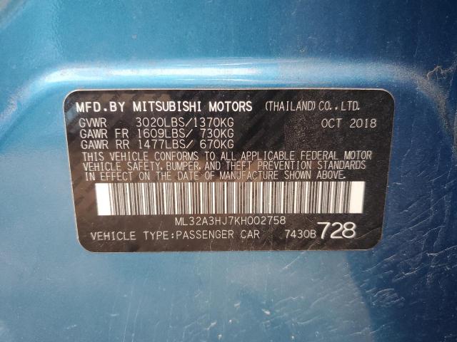 2019 Mitsubishi Mirage Es VIN: ML32A3HJ7KH002758 Lot: 55694894