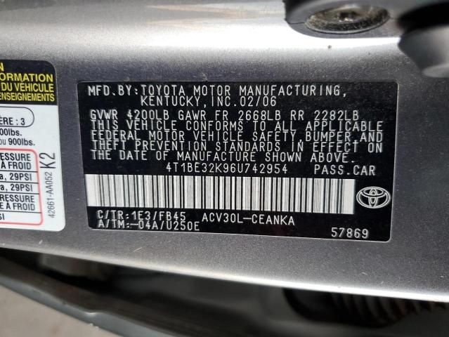 2006 Toyota Camry Le VIN: 4T1BE32K96U742954 Lot: 54846654