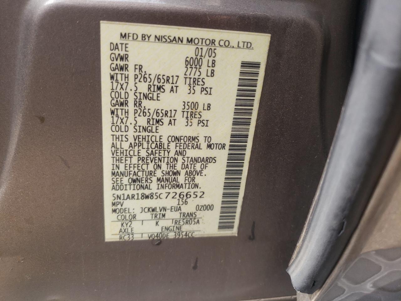 5N1AR18W85C726652 2005 Nissan Pathfinder Le