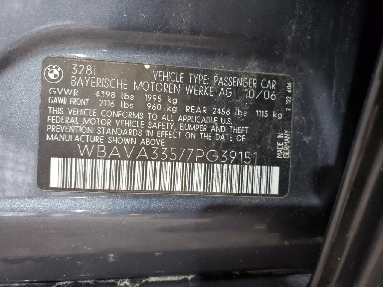 WBAVA33577PG39151 2007 BMW 328 I