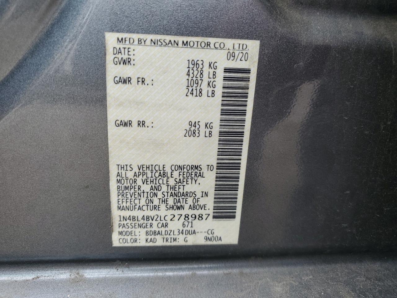 1N4BL4BV2LC278987 NISSAN ALTIMA 2020