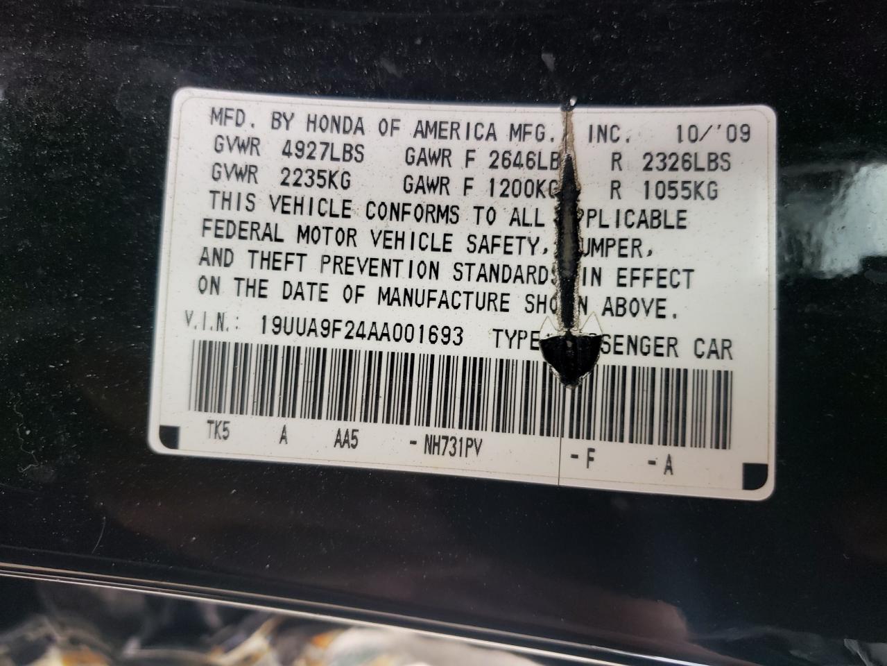 19UUA9F24AA001693 2010 Acura Tl