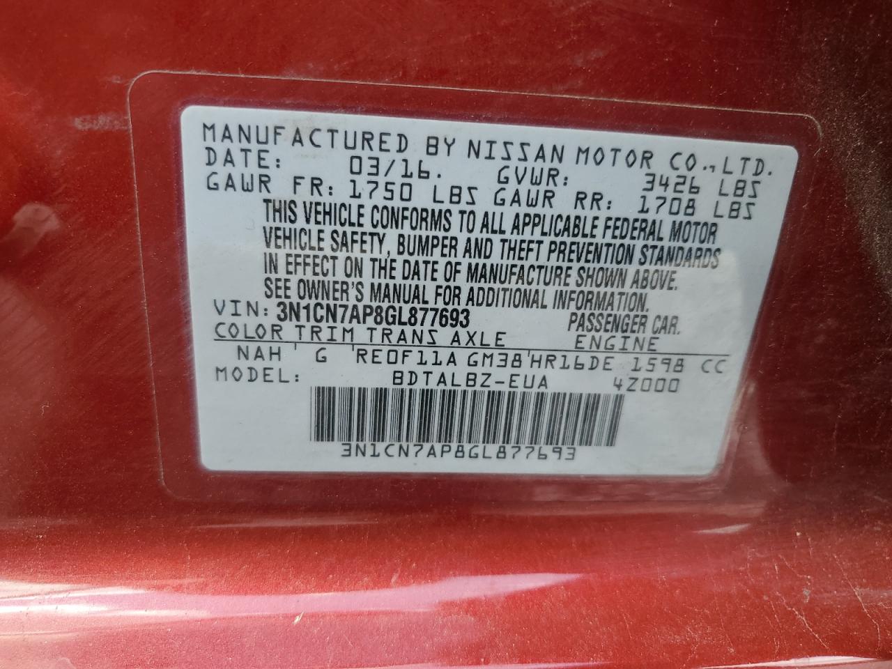 3N1CN7AP8GL877693 2016 Nissan Versa S