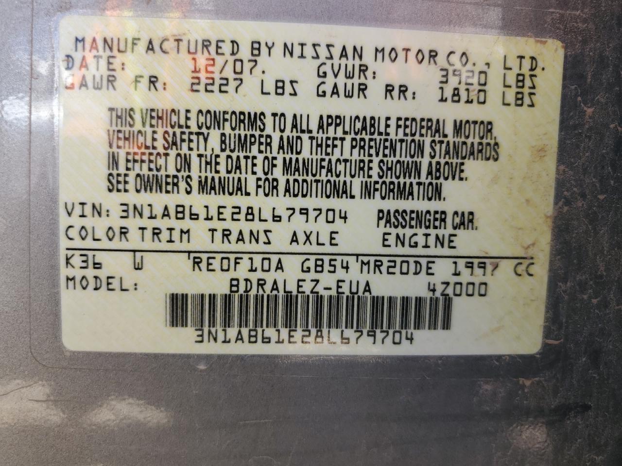 3N1AB61E28L679704 2008 Nissan Sentra 2.0