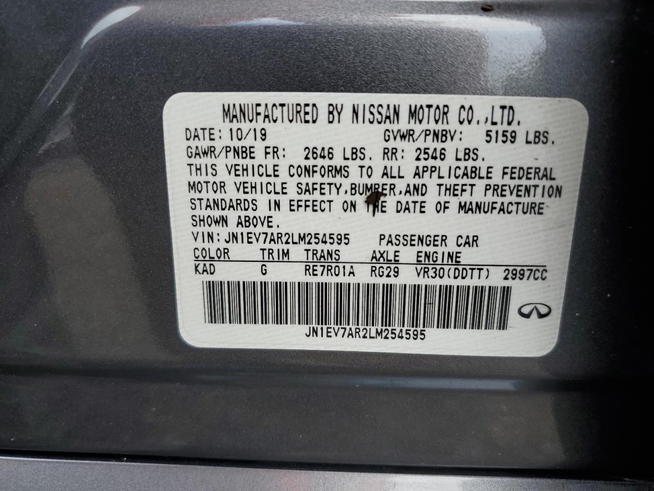 JN1EV7AR2LM254595 2020 Infiniti Q50 Pure