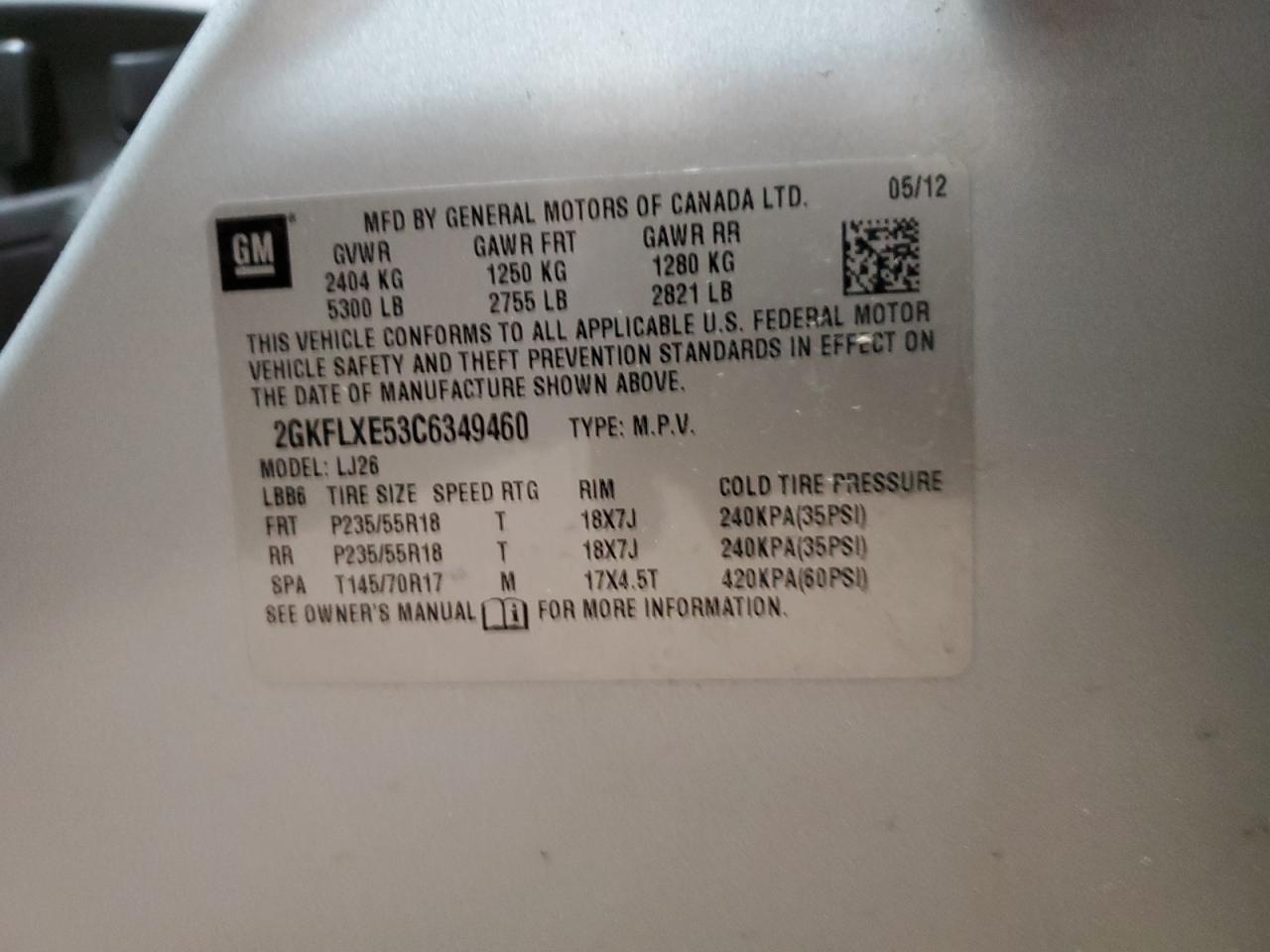 2GKFLXE53C6349460 2012 GMC Terrain Slt