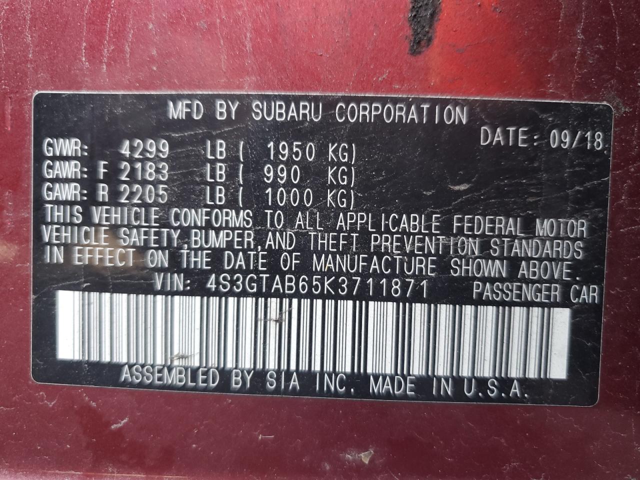 4S3GTAB65K3711871 2019 Subaru Impreza