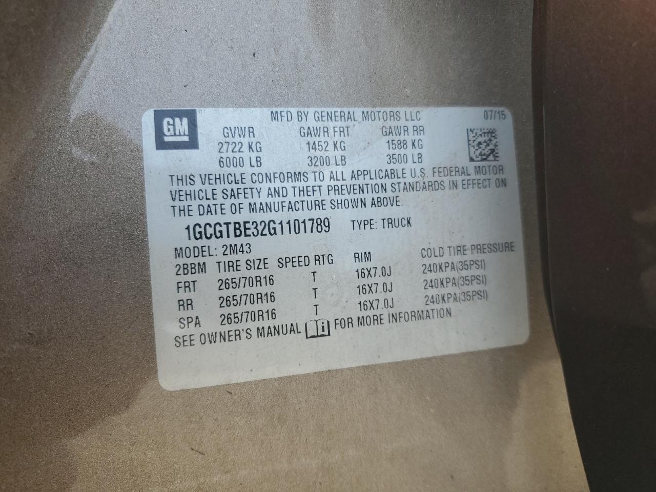 1GCGTBE32G1101789 CHEVROLET COLORADO 2016