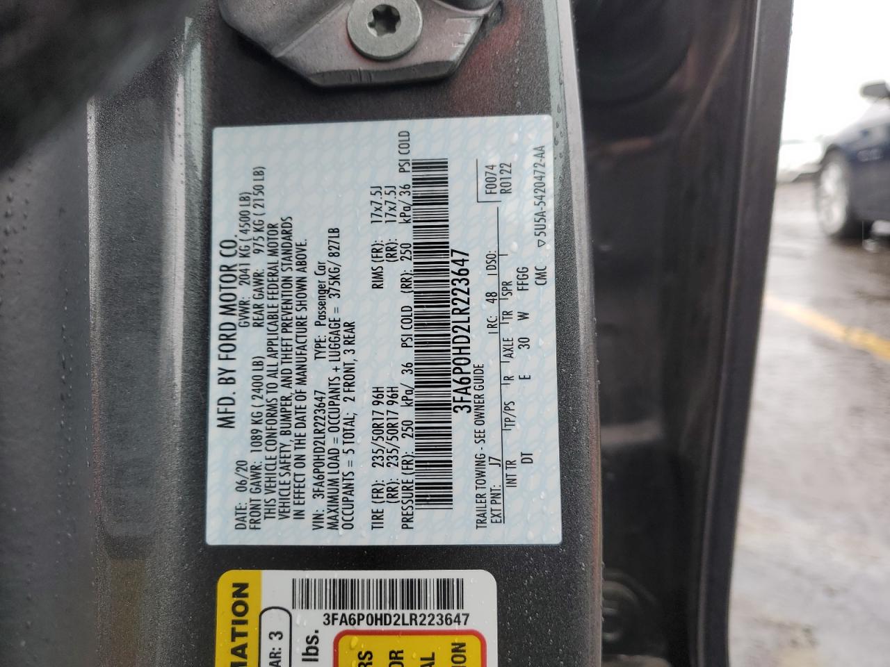 3FA6P0HD2LR223647 FORD FUSION 2020