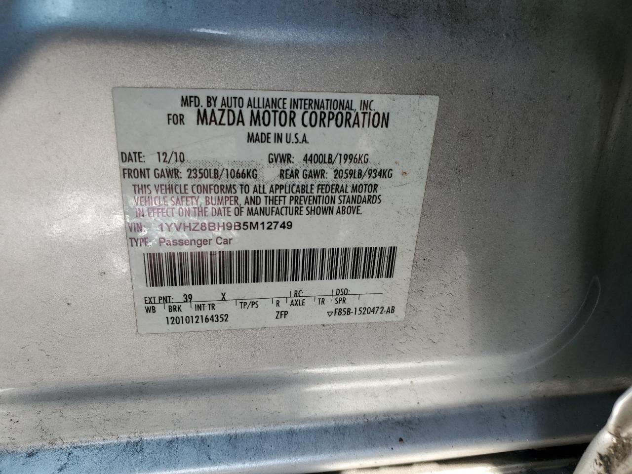 1YVHZ8BH9B5M12749 2011 Mazda 6 I