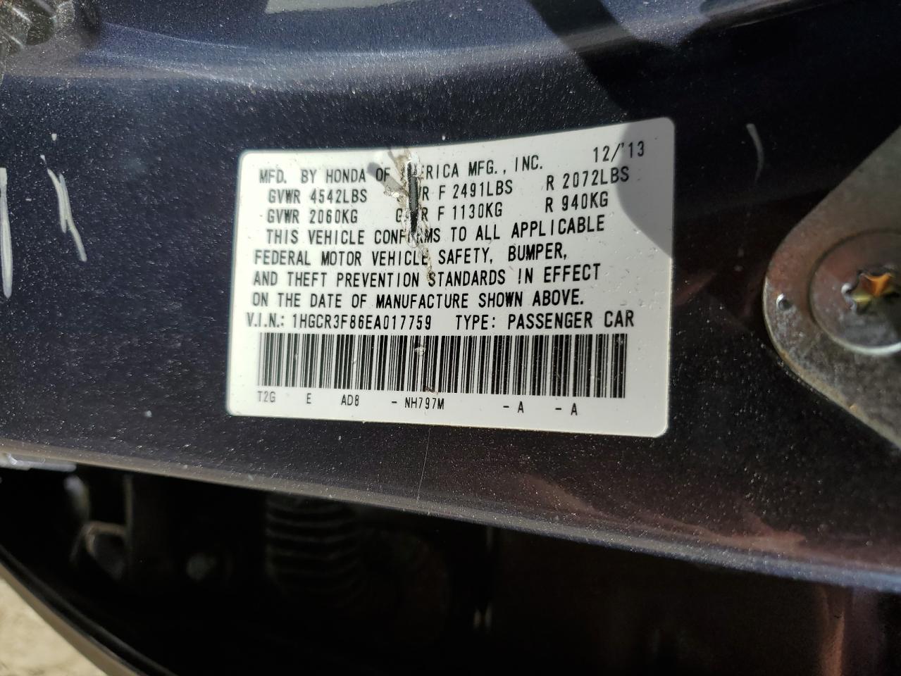 1HGCR3F86EA017759 2014 Honda Accord Exl