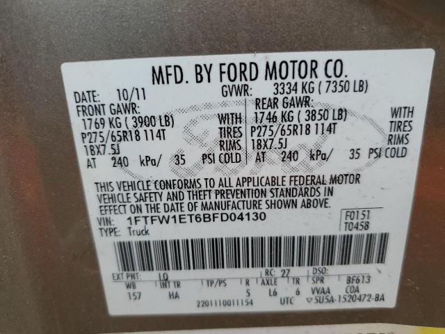 2011 Ford F150 Supercrew VIN: 1FTFW1ET6BFD04130 Lot: 54704334