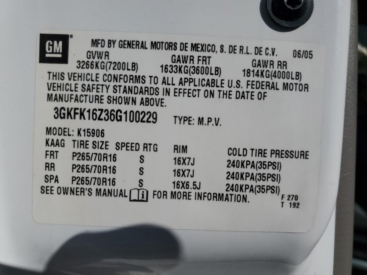 3GKFK16Z36G100229 2006 GMC Yukon Xl K1500