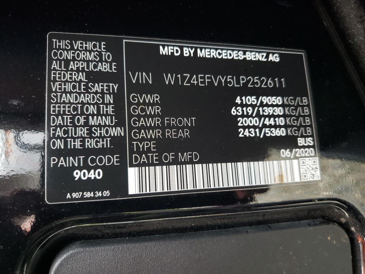 W1Z4EFVY5LP252611 2020 Mercedes-Benz Sprinter 2500