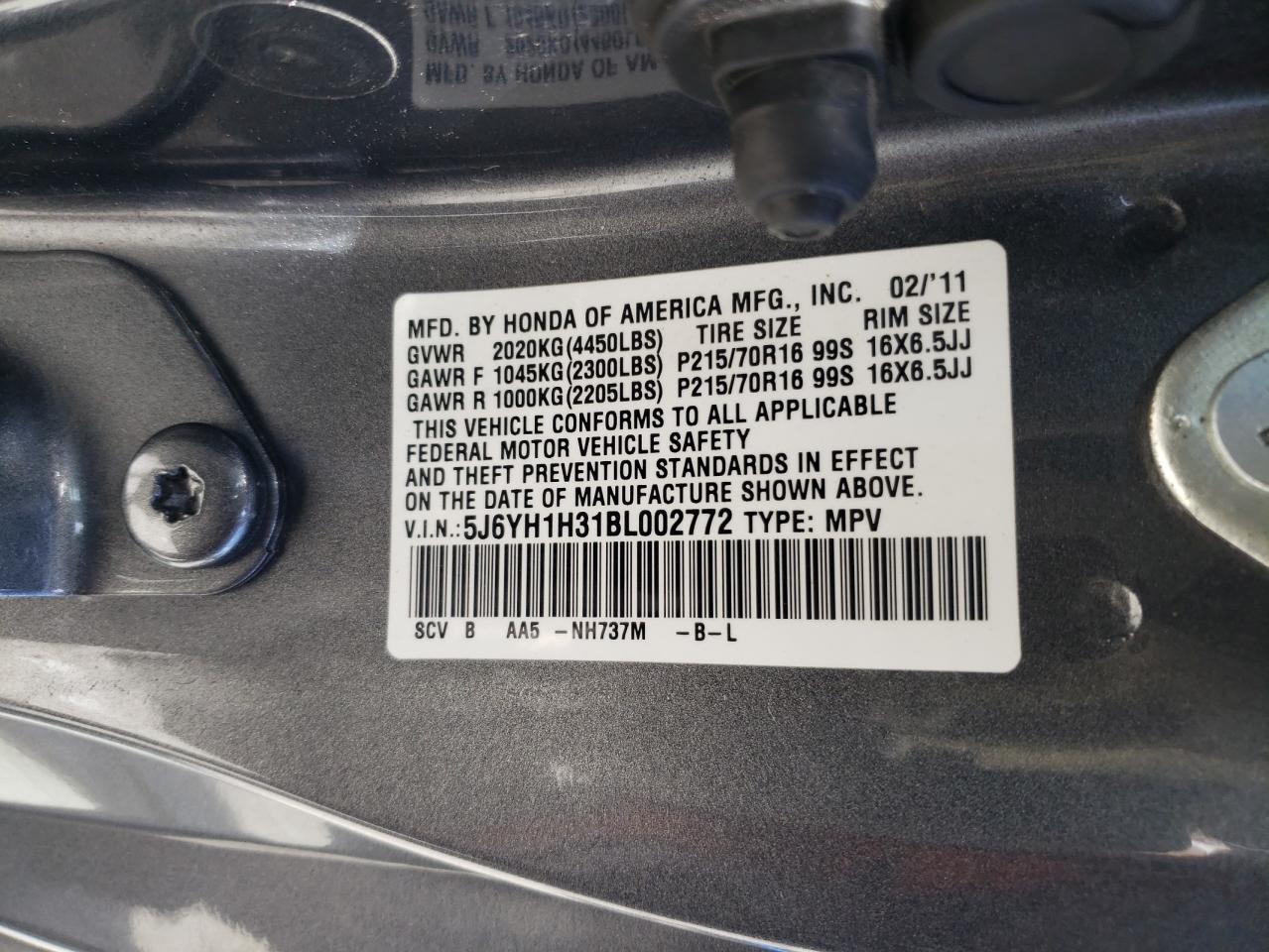 5J6YH1H31BL002772 2011 Honda Element Lx