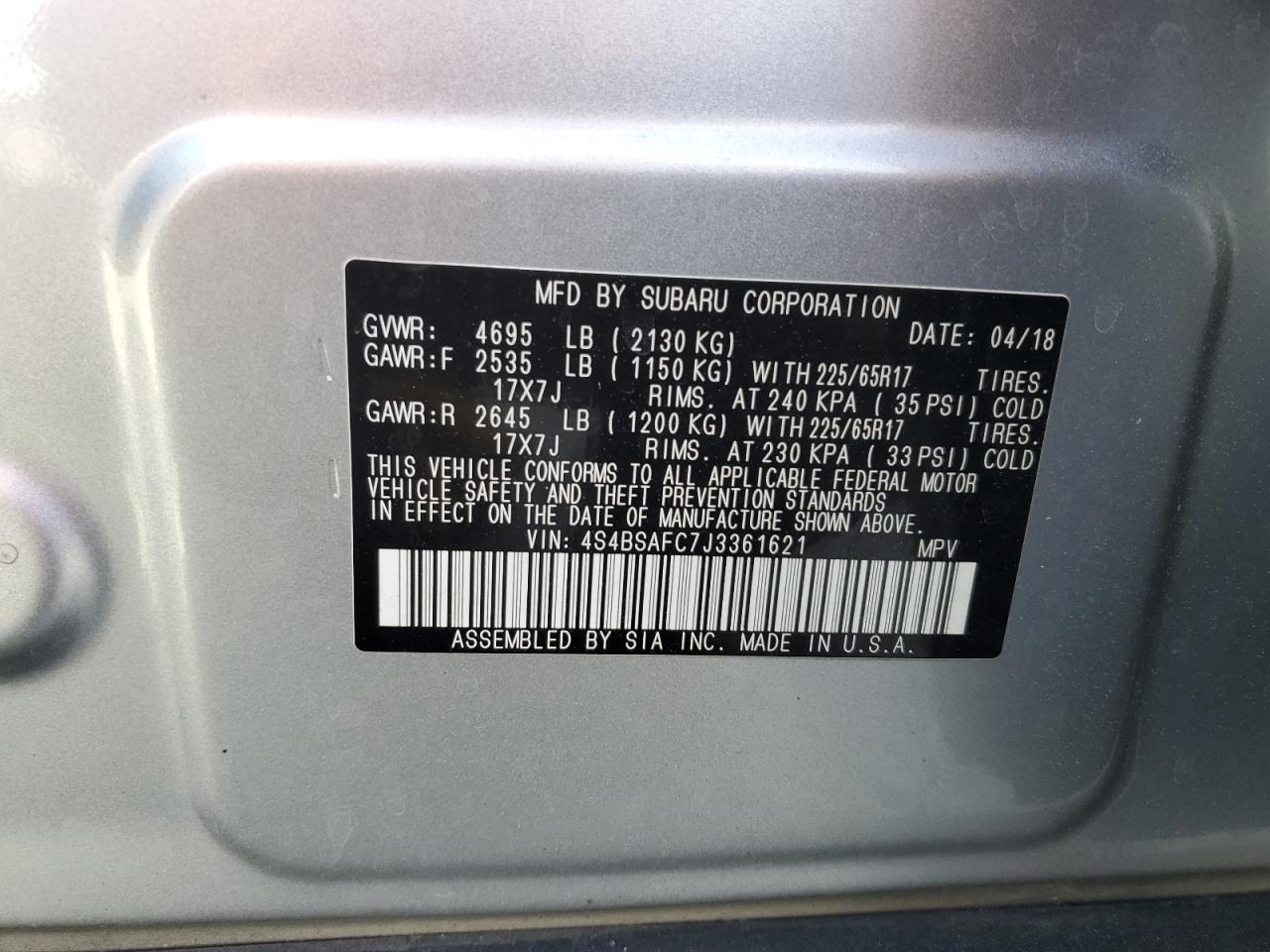 4S4BSAFC7J3361621 2018 Subaru Outback 2.5I Premium