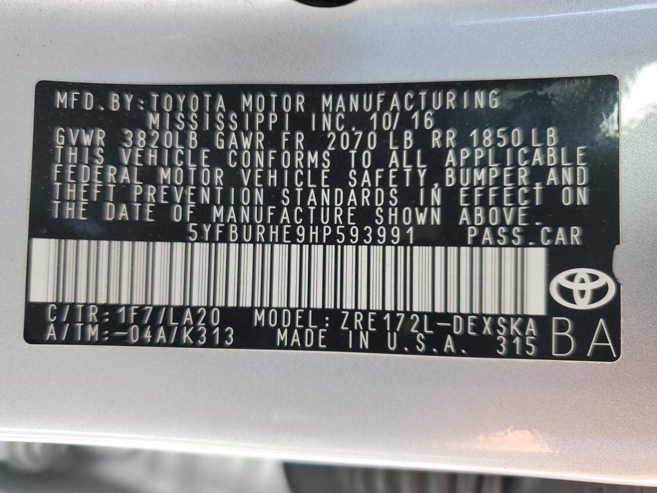 5YFBURHE9HP593991 2017 Toyota Corolla L