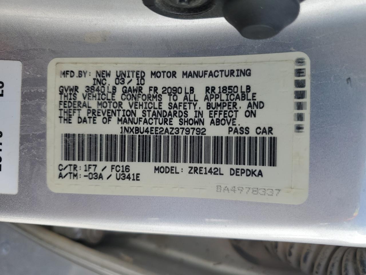 1NXBU4EE2AZ379792 2010 Toyota Corolla Base