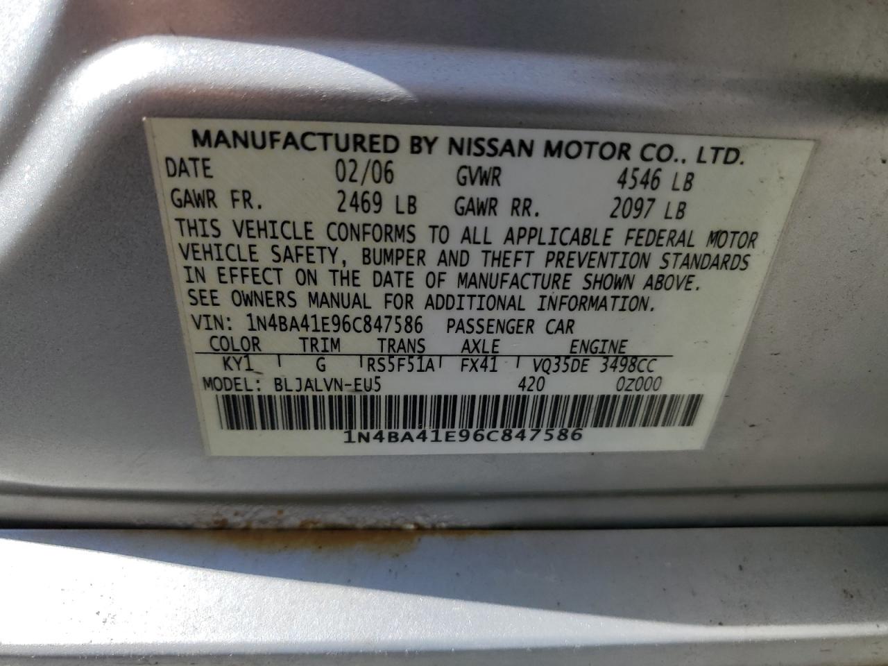 1N4BA41E96C847586 2006 Nissan Maxima Se