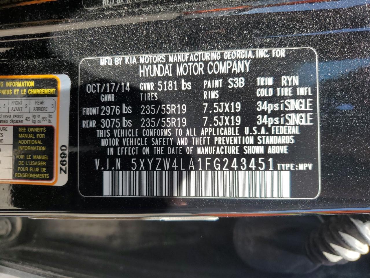 5XYZW4LA1FG243451 2015 Hyundai Santa Fe Sport