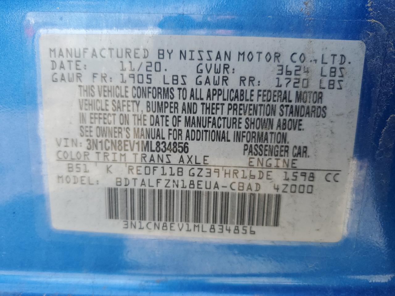 3N1CN8EV1ML834856 2021 Nissan Versa Sv