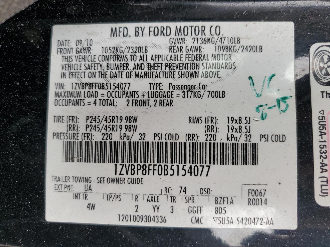 1ZVBP8FF0B5154077 2011 Ford Mustang Gt