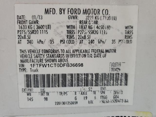 2013 Ford F150 Supercrew VIN: 1FTFW1CT0DFB36698 Lot: 55150944