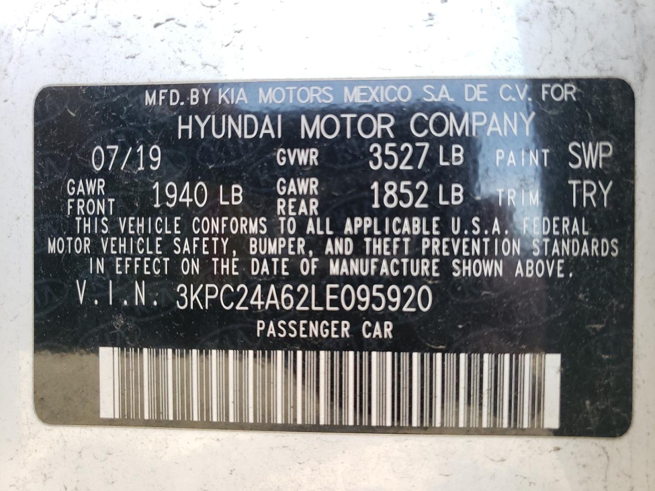 3KPC24A62LE095920 2020 Hyundai Accent Se