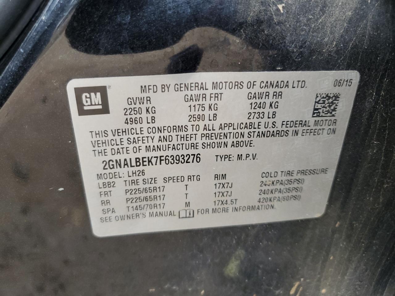 2GNALBEK7F6393276 2015 Chevrolet Equinox Lt