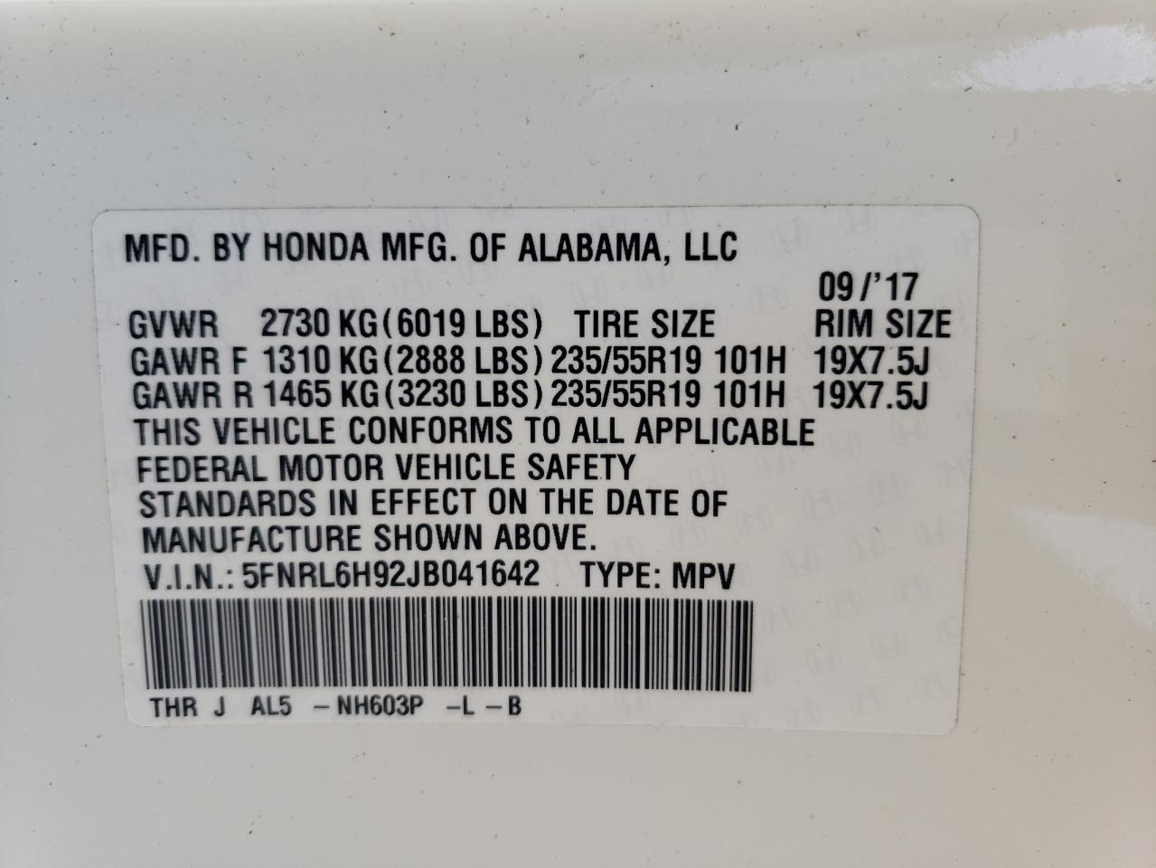 5FNRL6H92JB041642 2018 Honda Odyssey Elite