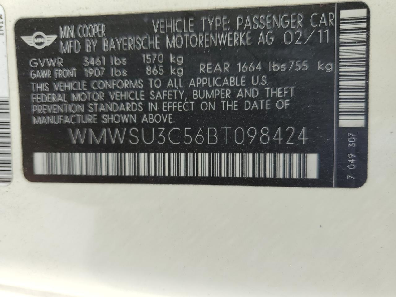 WMWSU3C56BT098424 2011 Mini Cooper